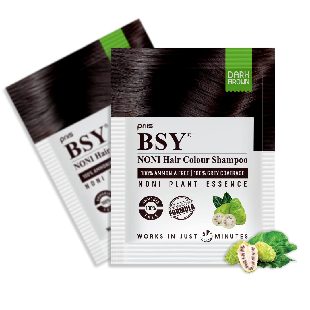 BSY Noni Hair Color Shampoo, Hair Dye, 20ml x 10 Sachets - Dark Brown (Pack of 1)