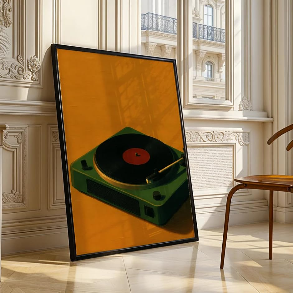 Affiche esthétique vintage de musique tourne-disque vert pour raviver la nostalgie des vinyles