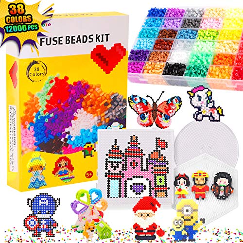 Bachmore Fuse Beads Craft Kit Melty Fusion Colored Beads- 12,000pcs 38 Colors Pearler Craft Sets for Kids Including 7 Pegboards,Booklet Chain Accessories Activity Gift Toy For Boys and Girls Age 5 6 7