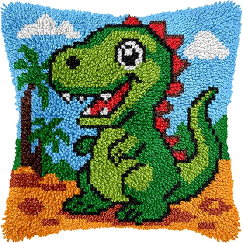 Image of veirousa Latch Hook Kits for Adults, DIY Cartoon Dinosaur Pillow & Rug Craft Kit for Beginners, Animal Handmade Yarn Art, Relaxing Home Sofa Decor Gift 17x17 Inch