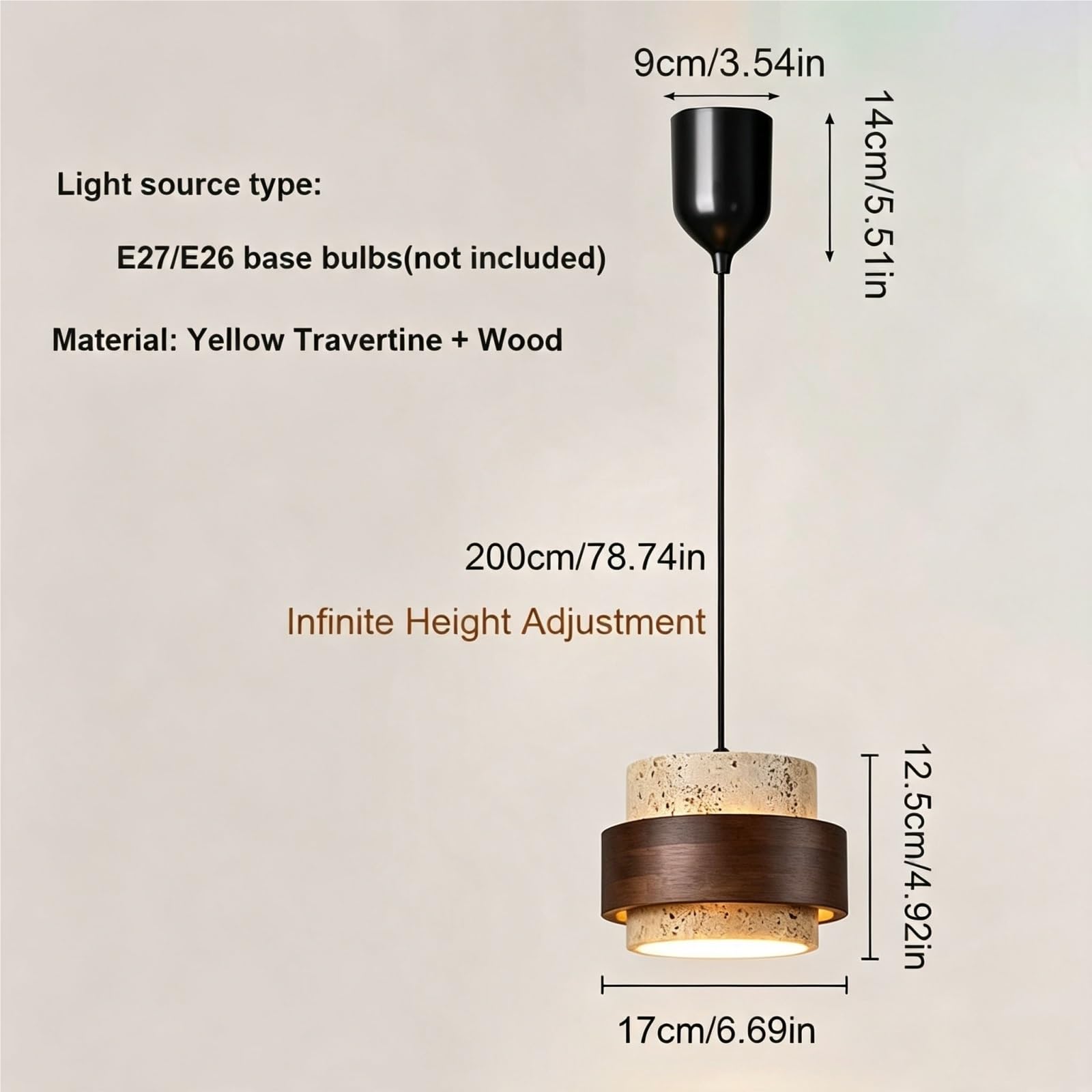 Mini lámpara colgante travertino nogal lámpara individual Japanese Style | Estilo japonés lámpara cilíndrica travertino madera nogal cordón ajustable para isla cocina dormitorio