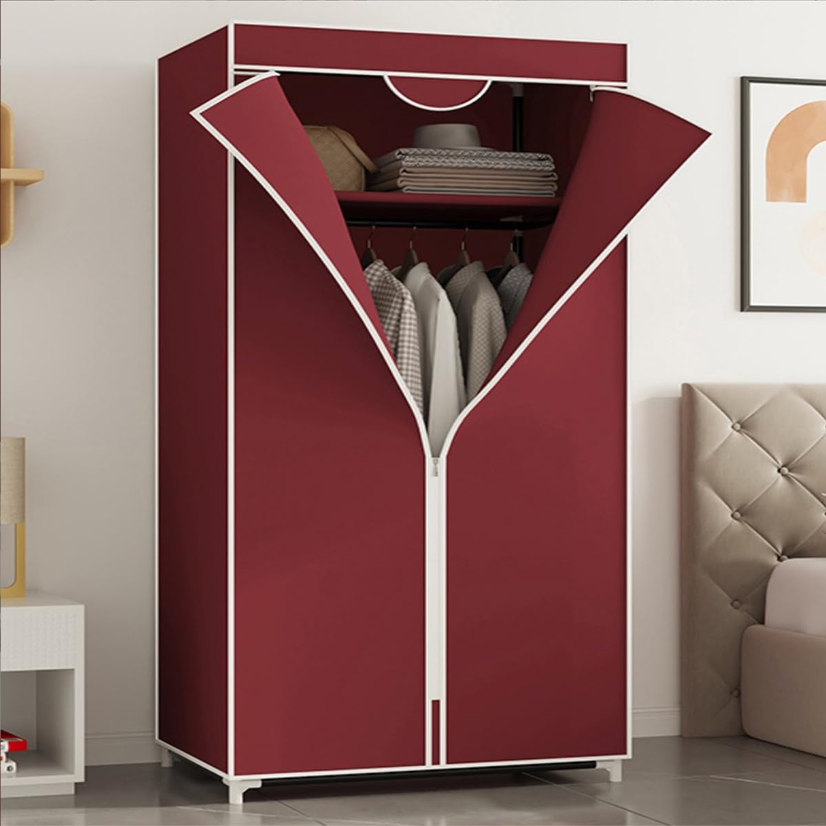 Armoire pliable en toile rouge avec étagères meuble de rangement gain de place