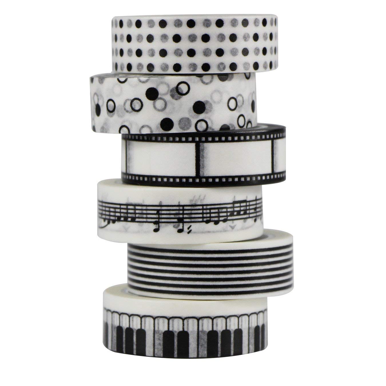 6pcs Decorative Washi Tape Masking Tape Black White Adhesive Scrapbooking DIY Craft Gift 10m x 15mm (White)