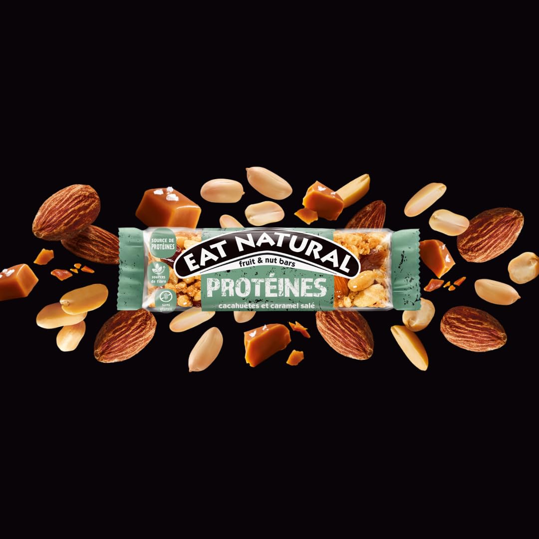EAT NATURAL - Barres sans gluten & protéinées - Cacahuètes, amandes, caramel & sel de mer - 12 barres de 40g