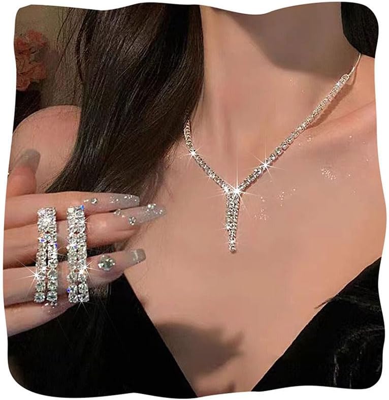 JAKAWIN Rhinestone Bridal Wedding Necklace and Earrings Set Crystal Silver Dressy Prom Jewelry Set for Women