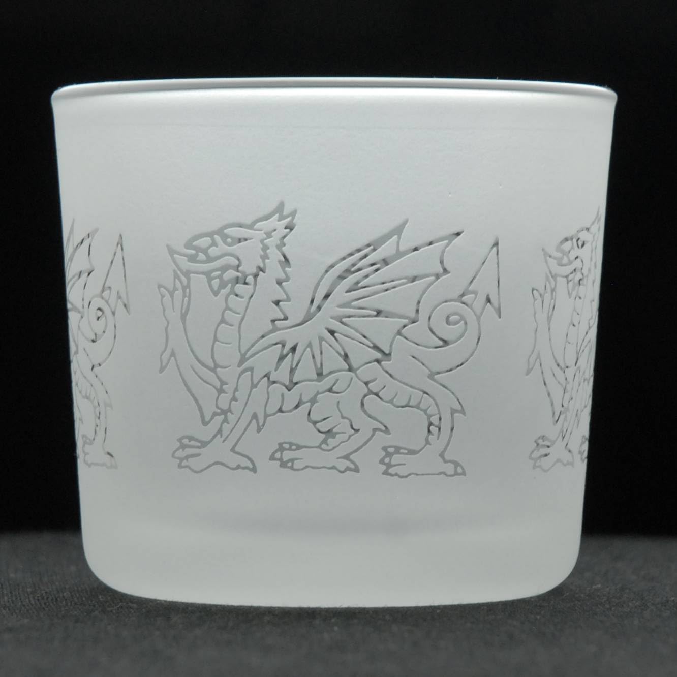 Animo Glass Votive Tea Light Candle Holder, Frosted Etched Glass with Welsh Dragon Outline Design - Clear Tealight Candleholder Birthday Gift - Wales Home Decor Y Ddraig Goch