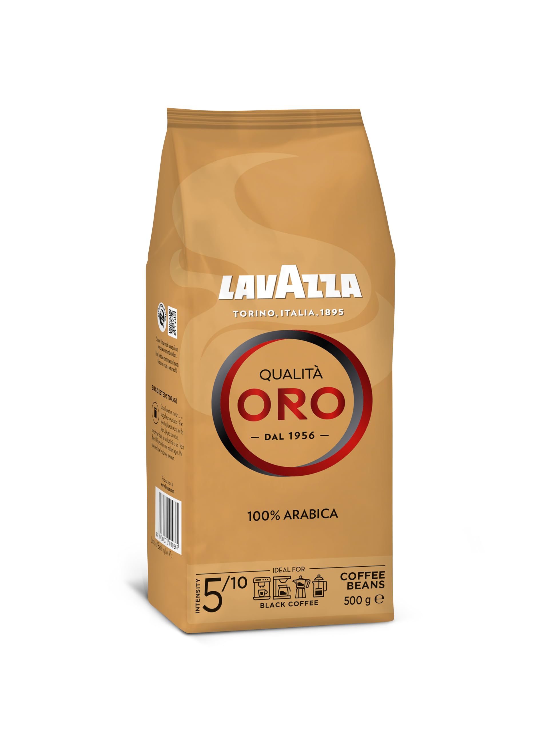 Lavazza, Qualità Oro, Café en Grano Natural, Ideal para la Máquina de Café Espresso, con Notas Aromáticas de Frutas y Flores, 100% Arábica, Intensidad 5, Tueste Medio, Paquete de 500 g