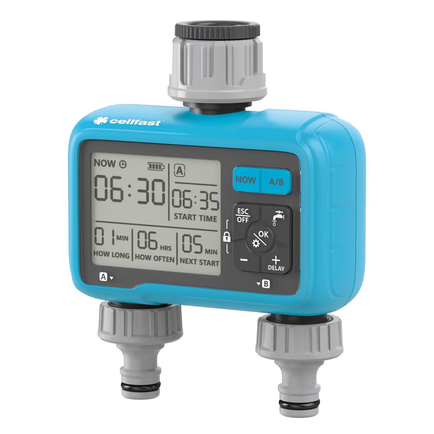 Cellfast Chronos CellPro Digital Irrigation Computer with 2 Zones, Automatic Watering Computer, Water Timer for Garden, IPX5, 3 Programs, Manual Mode, 6 Bar