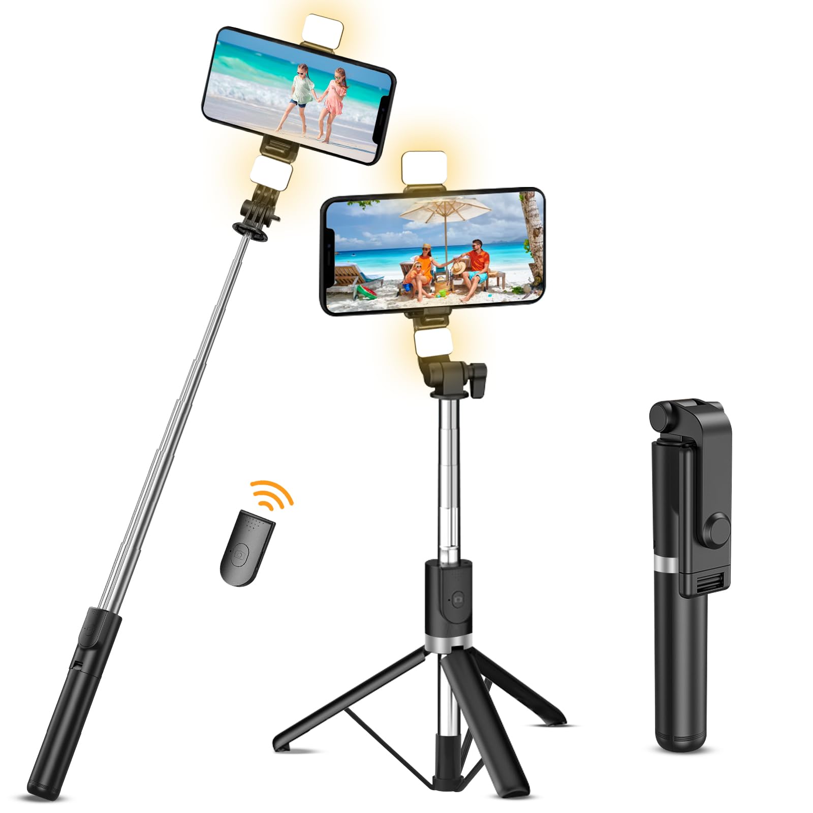 CNMTCCO Statyw do selfie z 2 światłami wypełniającymi, 130 cm bardzo długi statyw do telefonu z odłączanym bezprzewodowym pilotem do filmowania, kompatybilny z iPhone'em, Samsungiem, smartfonem itp