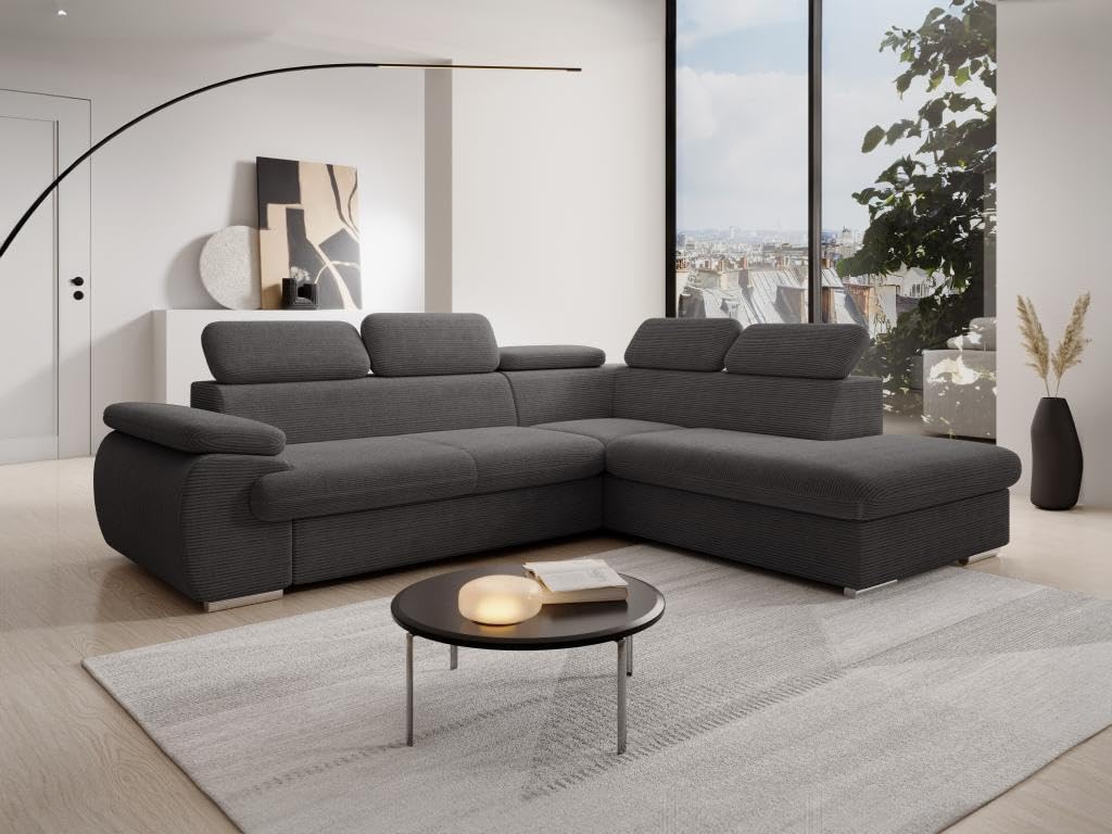 Vente-unique-Sofá de Esquina Derecho Convertible en Terciopelo Gris Oscuro Fabien