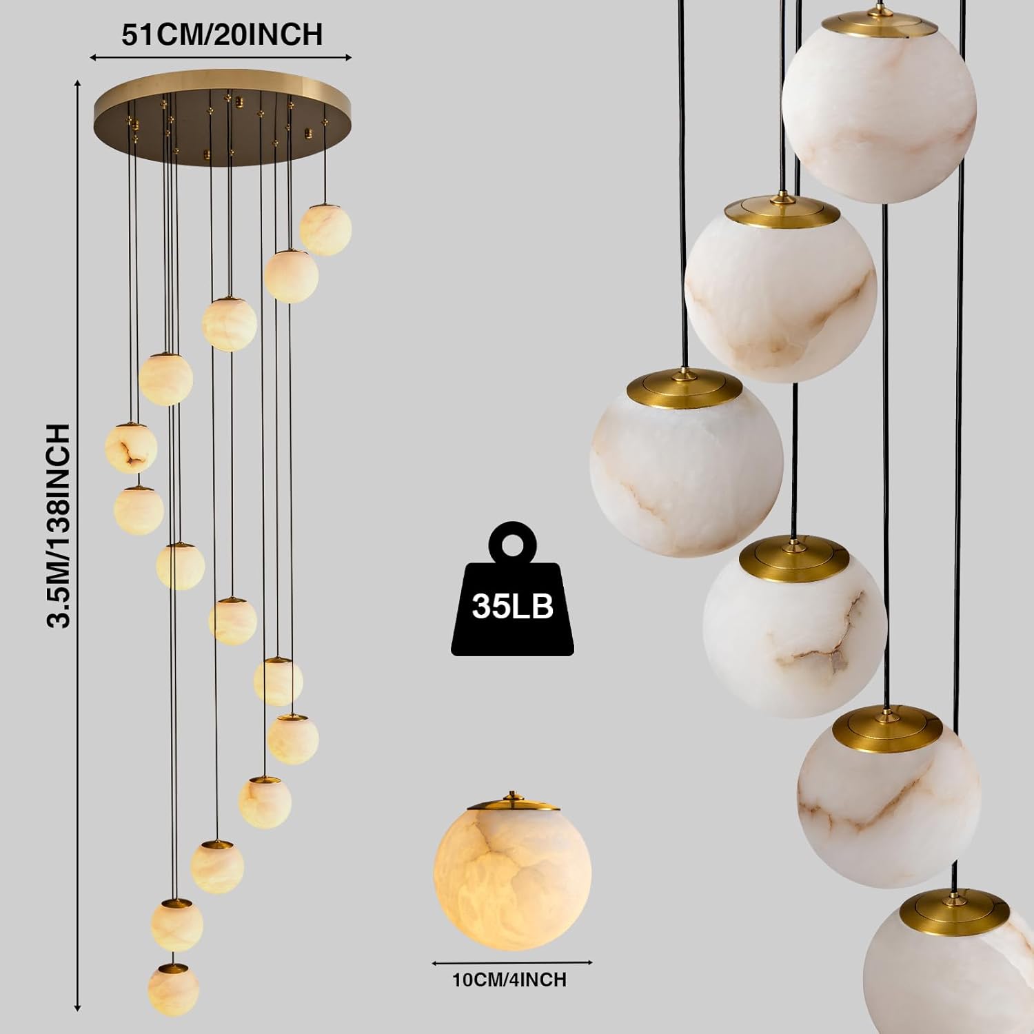 Gold Alabaster Chandelier,14-Lights Staircase Chandelier for Living Room, Modern Marble Pendant Light for Hight Ceiling Foyer Entry