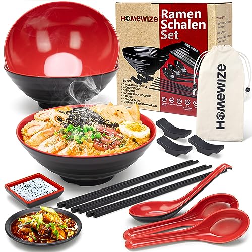 Set 4 Ciotole Ramen Giapponesi In Melamina 1000ml - Con Cucchiaio E Bacchette, Lavabili In Lavastoviglie, Nere