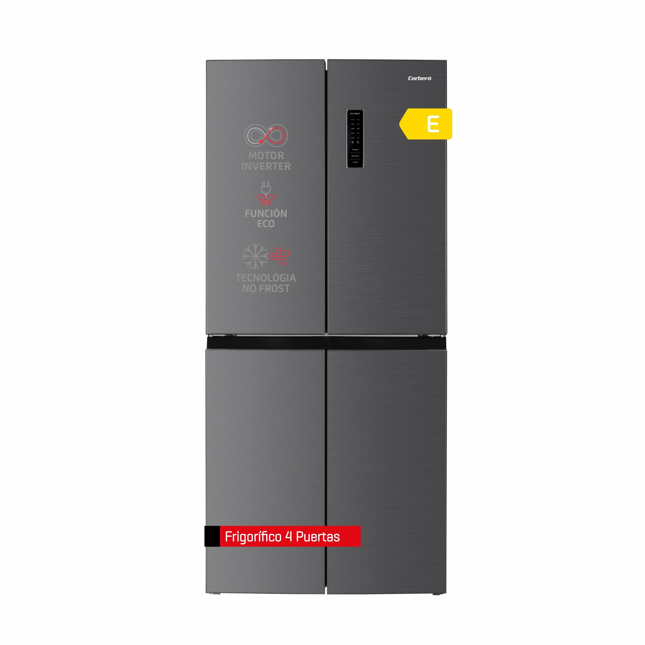Corberó - Frigorífico 4 Puertas | CF4PH4823NFX | No Frost | Inverter | 362L | 180 cm | Display Puerta | Fresh Box | Crisper | Fresh Box Convertible | Estantes de Cristal | Función Eco | Inox