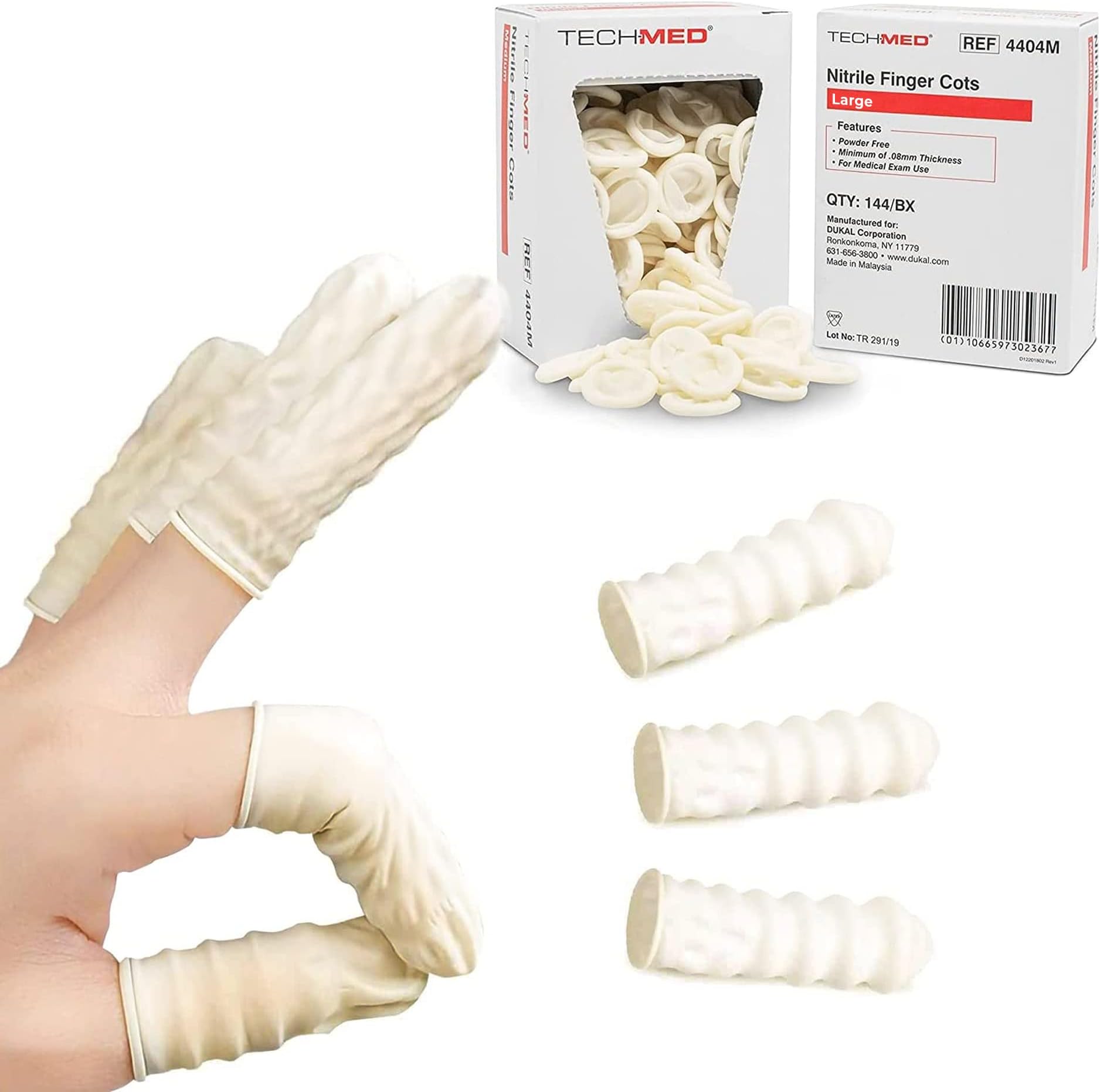 Dukal Nitrile Finger Cots. Box of 144 Pre-Rolled Ribbed Finger cots for Professionals and Patients. Large Size. Non-Powdered Protective Finger cots. Latex-Free.