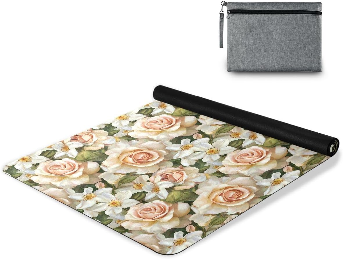 ALAZA Roses and White Flower Yoga Mat Non Slip Fitness Exercise Mat, Workout Mat for Yoga, Pilates and Floor Exercises