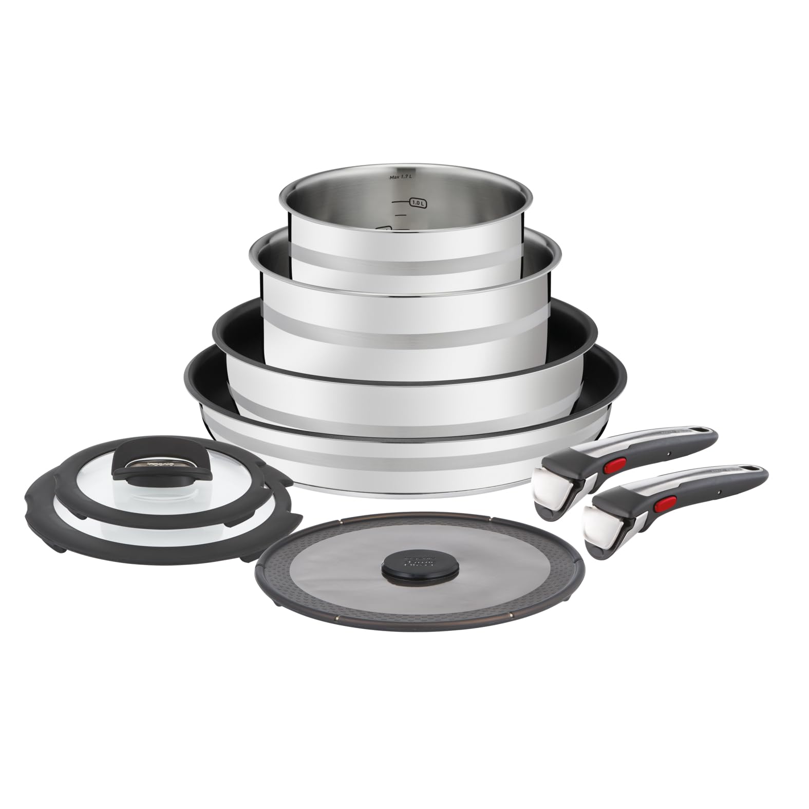 Tefal Pfannen-Set Jamie Oliver Ingenio, Pfannenset abnehmbarer Griff, antihaftversiegelt, Edelstahl (Set, 9-tlg., 2x Pfannen Ø 24/28 cm, 2x Kasserollen Ø 16/20 cm, 3x Deckel, 2x Griffe), stapelbar, platzsparend, einfache Reinigung, Induktion, L97699
