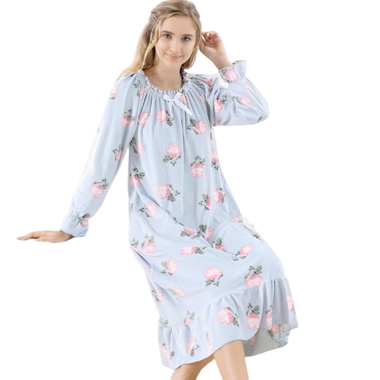 OFFSUM Camisón De Pijama De Mujer - Primavera Otoño Cuello Redondo Vellón Cómodo Camisón Lencería Elegante Ropa De Dormir Lindo Ropa De Casa Ropa De Camisón