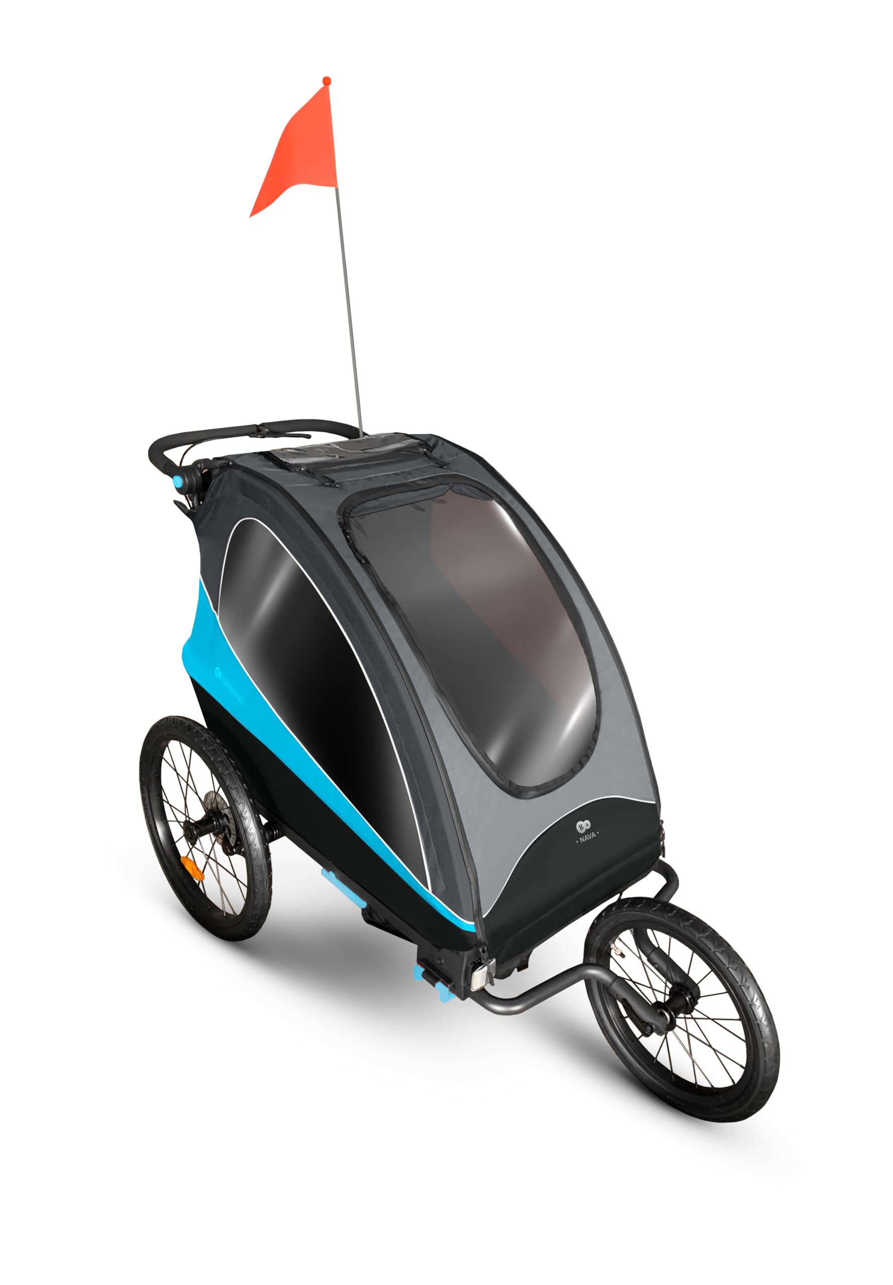 Kinderkraft NAVA 3 in 1, Rimorchio per bambini, Passeggino, Jogger, Carrozzina, Rimorchio per bicicletta, per uno o due bambini, 2x22 kg, Parapioggia, Protezione dagli insetti, Azul