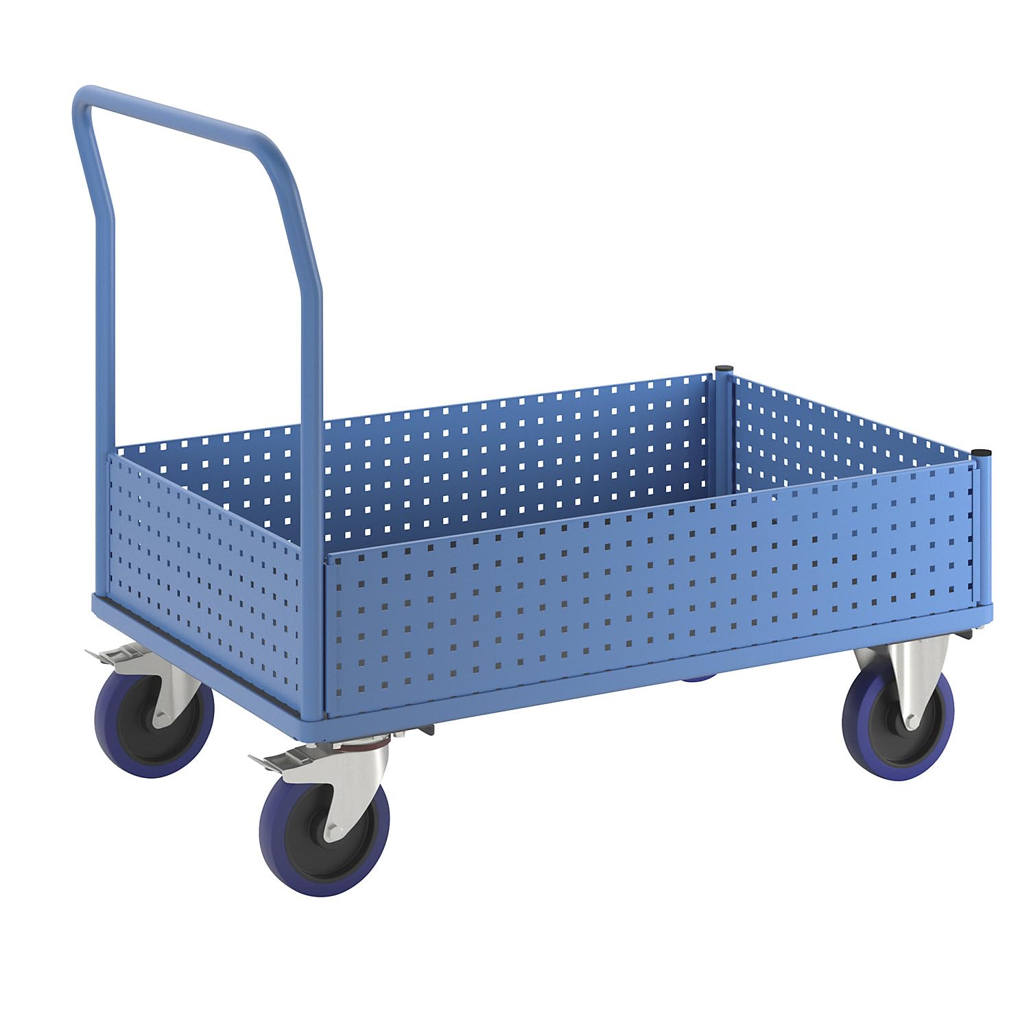 eurokraft pro | Plattformwagen | Mit 4 halbhohen Lochblechwänden, LxB 1250 x 800 mm, Vollelastik