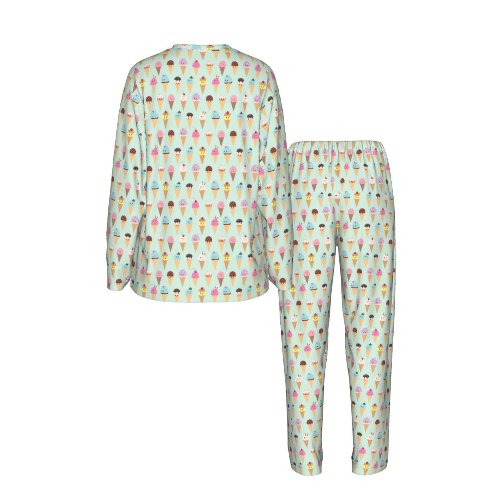 Ice Cream Cones Stampa Delle Donne Manica Lunga Set Pigiama Corrispondente Morbido Elastico Coulisse Casual Daywear