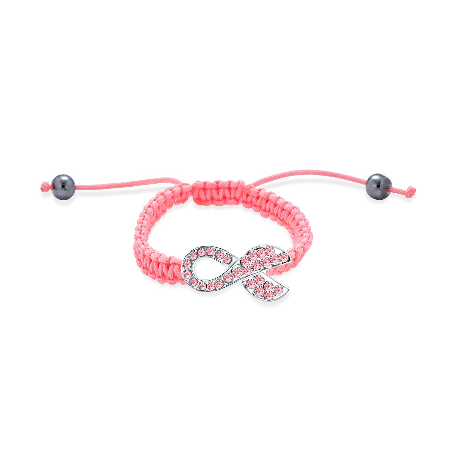 Bling JewelryStackable Pink Ribbon Cancer Survivor Pave Crystal Ball Shamballa Inspired Bracelet For Women Pink Braided Cord String Adjustable