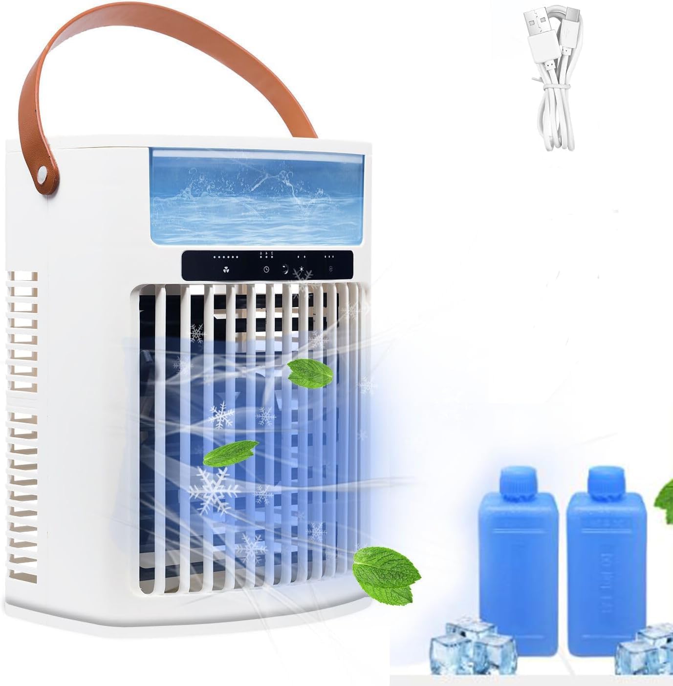 Portable Air Conditioner, Air Cooler, 1000ml Cold Fan Air Conditioner, 5 Air Speeds and 7 LED Lights, 2 Ice Packs, 3 Cold Mist and 2/4/6 Timer, USB Cold Fan for Home, Office and Outdoors. with ice crystals