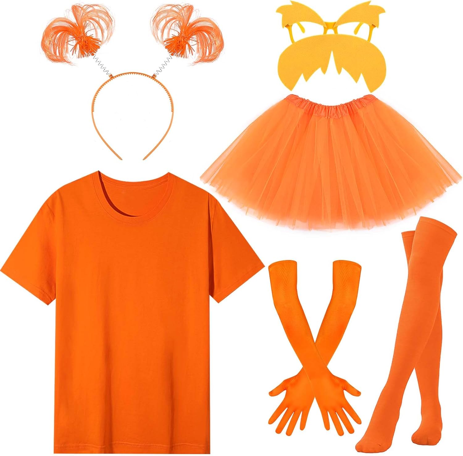 Honic 6Pcs Orange Cartoon Costume Yellow Fake Mustache Glasses with Orange T-shirt Headband Tutu Skirt Gloves Socks for Women