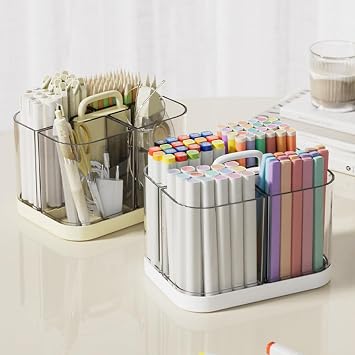 Pen Holder with Handle, Stackable Transparent Desk Caddy 4 Compartments