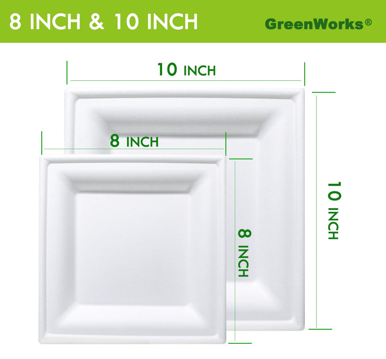 GreenWorks Piatti compostabili da 20,3 cm e 25,4 cm (50 pezzi ciascuno), 100 piatti di carta usa e getta in bagassa e fibra di bambù