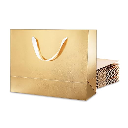 MALICPLUS 12 Large Gift Bags 13x5x10 Inches, Luxury Gold Large Gift Bags with Handles for All Occasions (Grass Texture Finish)