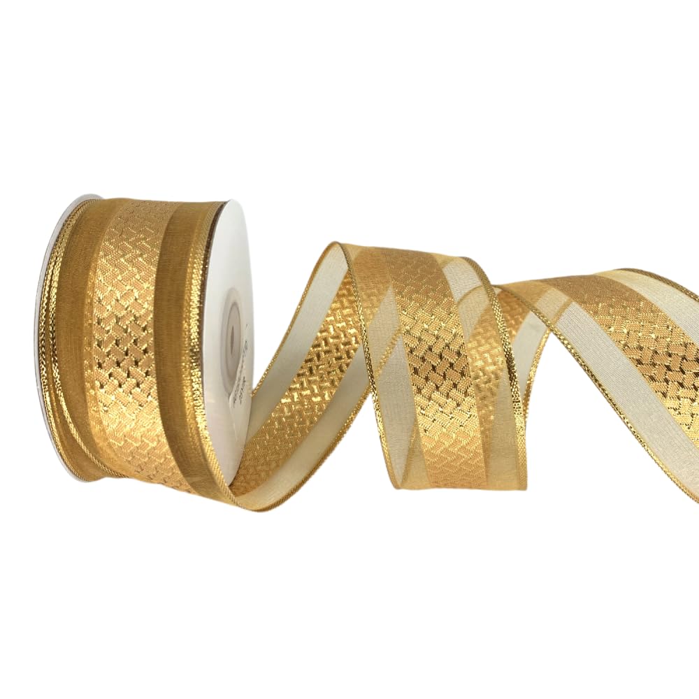 XMRIBBON Wired Gold Sheer Ribbon with Jacquard Lattice Check Ribbon,1-1/2 Inch X 25 Yards, for Gift Bow,Wedding,Cake Wrap,Tree Decoration,Wreath — image 1