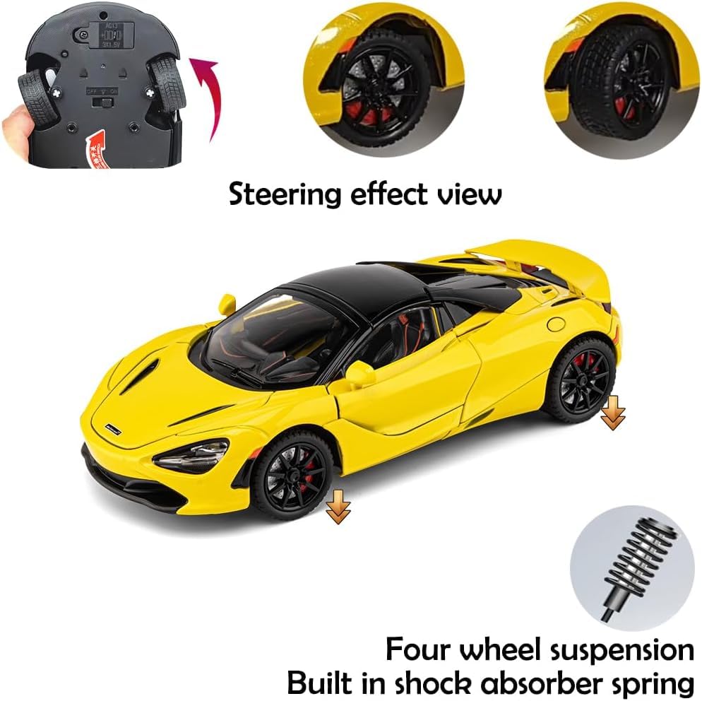 Image of 1:24 McLaren 720S Convertible Diecast Car | Alloy Metal Pull Back Toy Car with Openable Doors, Lights & Music | Model Car for Kids Boys Girls Gift & Collectors (Yellow)