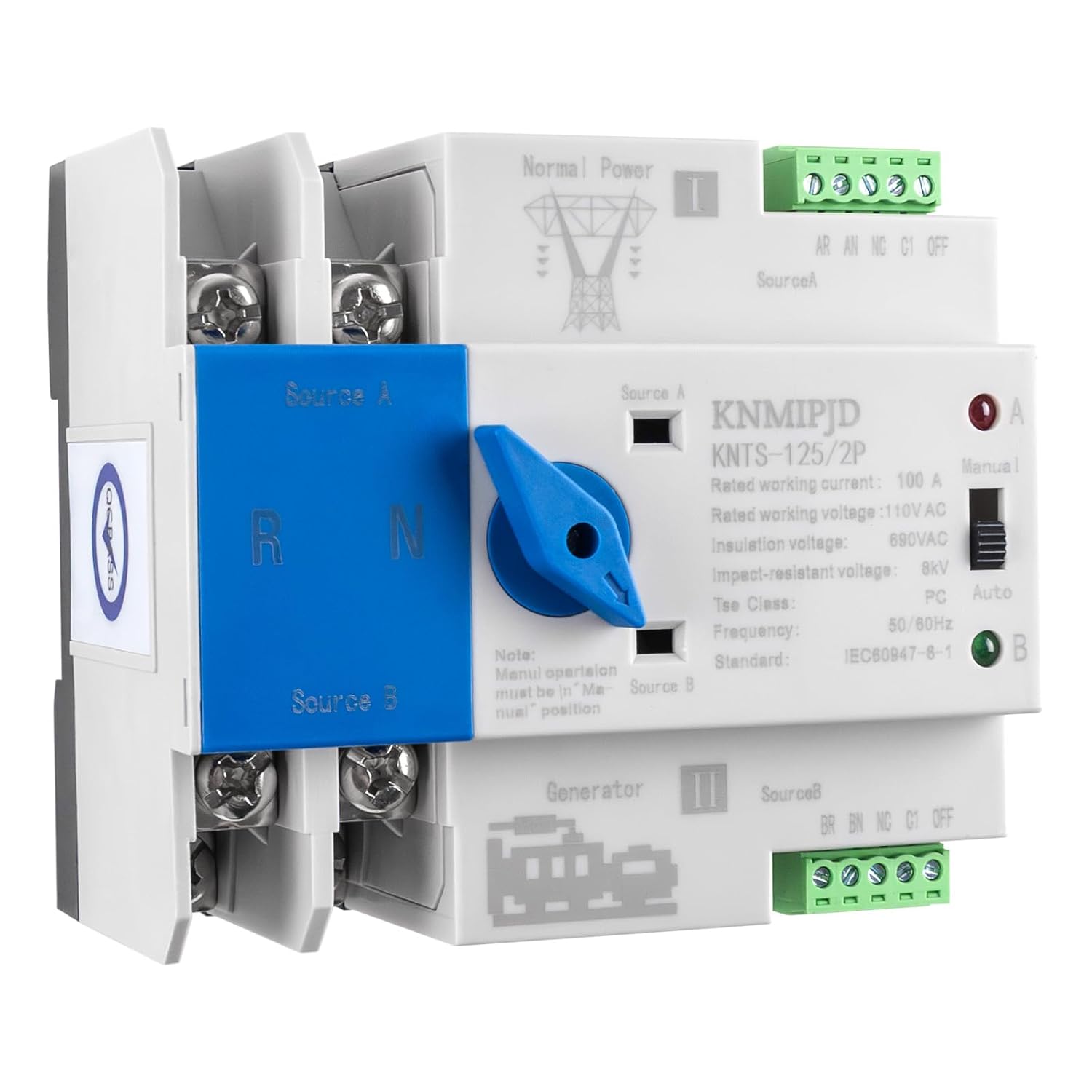 ATS Automatic Transfer Switch 2P AC110V 100A 50/60Hz ATS Dual Power Switch Electrical Selector Switches for Home Generator DIN Rail Mount (2P 100A)