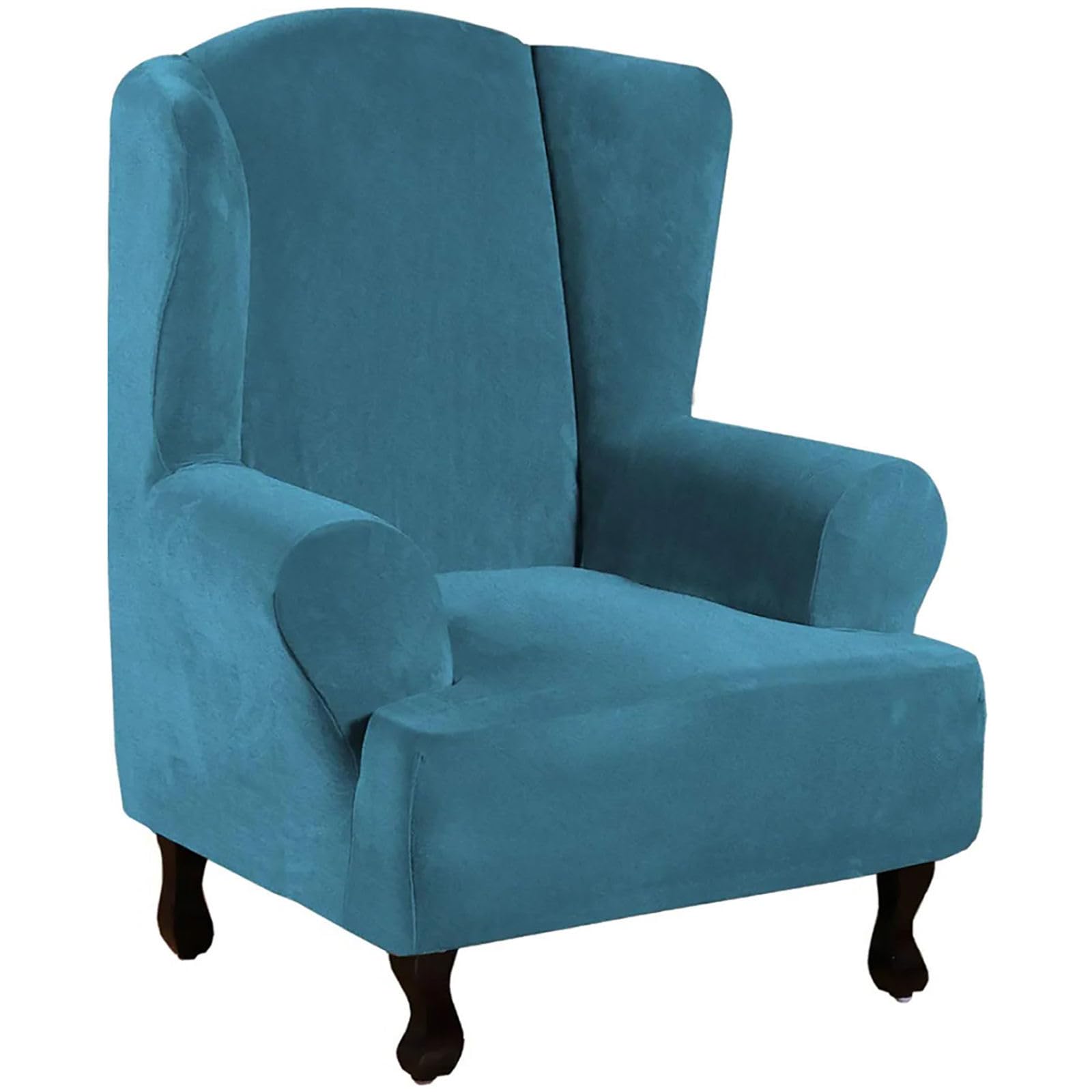 CLGTY Stretch Wingback Chair Slipcover, Velvet Wing Chair Cover 1 Piece Soft Wing Back Chair Covers with Arms with Elastic Bottom Thick Furniture Protector Washable-Peacock Blue-Wing Chair
