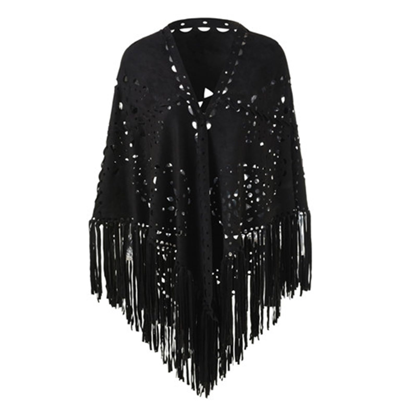 Tenda a frange da donna in finta pelle scamosciata stile gilet poncho con nappe, morbido triangolo sciarpa avvolgente elegante mantello vintage camoscio cardigan boho nappa spiaggia copertura