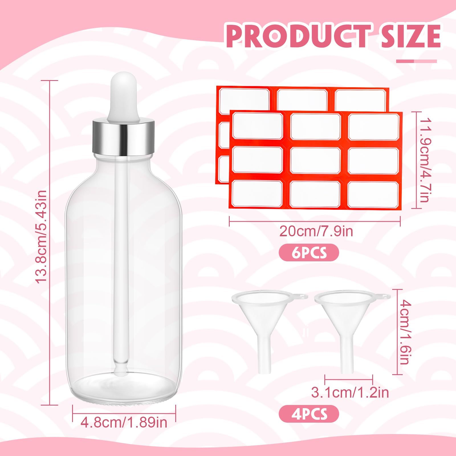Dandat 50 Stück Glas-Tropfflaschen, 120 ml, Labor-Tinktur-Tropfflaschen mit Augentropfen, Trichtern, Etikettenaufklebern für ätherische Öle (transparent)