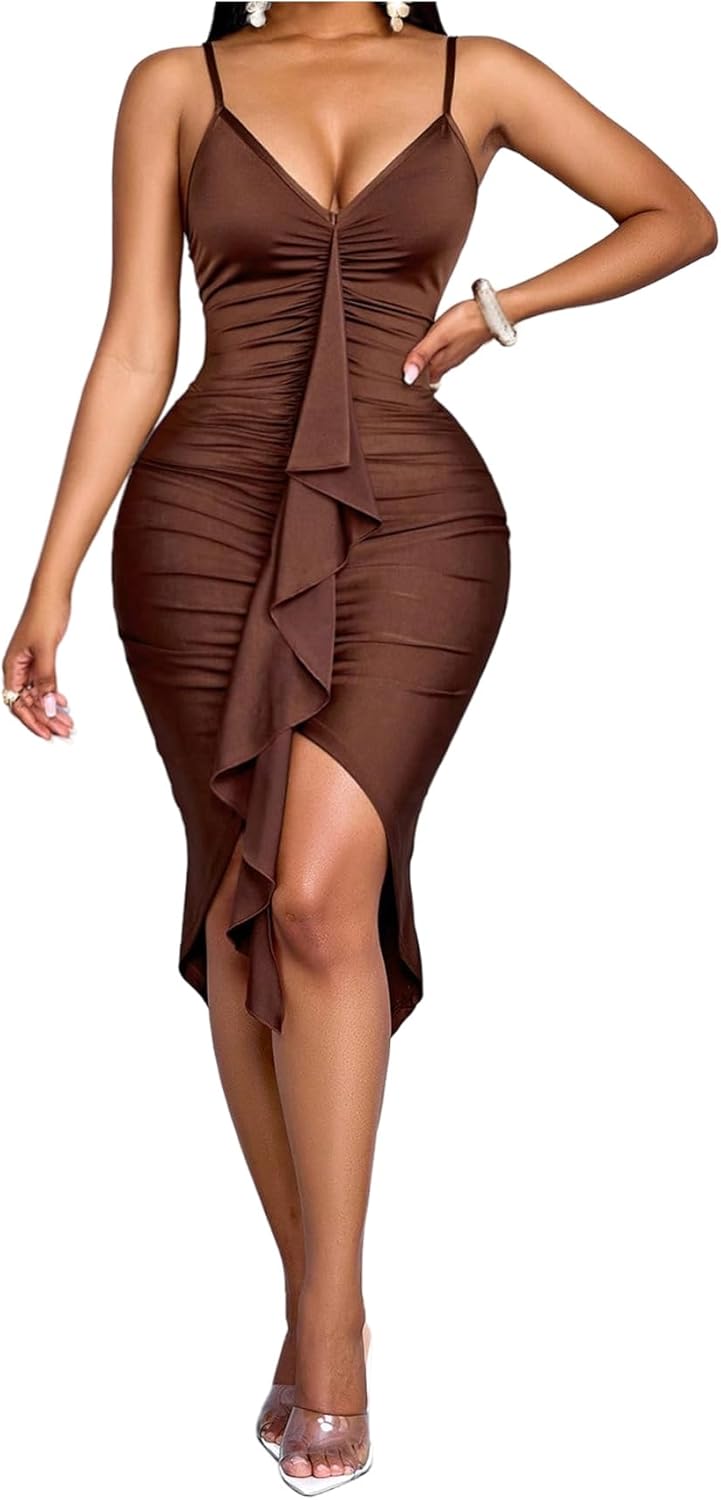 Milumia Women's Sexy Spaghetti Strap Bodycon Midi Dress V Neck Ruffle Trim Cocktail Party Dresses