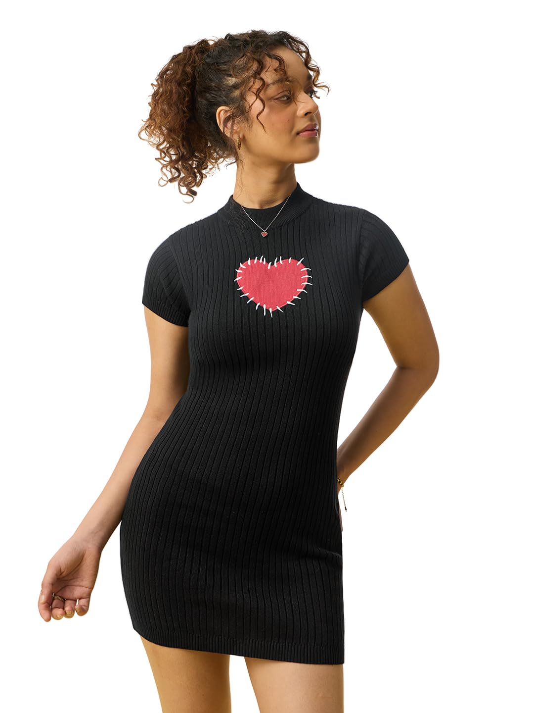 the souled store Ribbed Dress: Black Heart Women and Girls Short Sleeves Mock Neck Black Embellished Cotton Slim Fit Breathable Lightweight Everyday Casual Dresses-picture-23