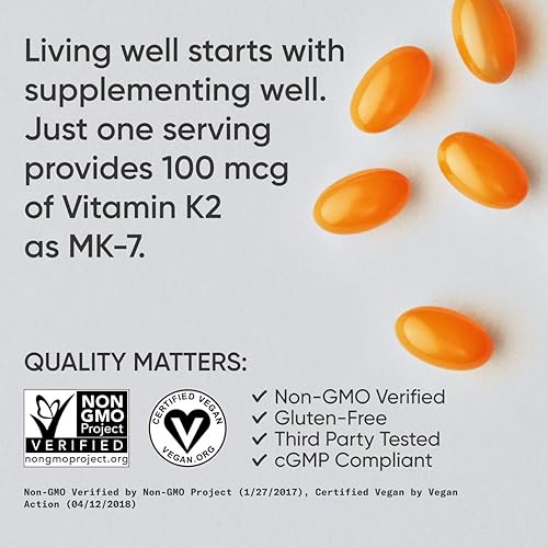 Vista 4 de Sports Research Vitamina K2 como MK-7 de 100 mcg con aceite de coco MCT, 120 cápsulas blandas vegetales (suministro para 4 meses) certificado