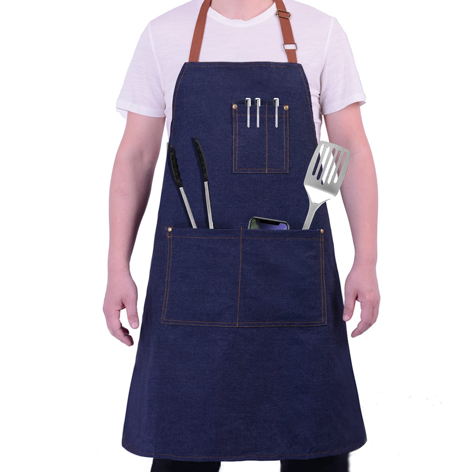 Aprons for Men and Women, Denim Cooking Kitchen Apron, Chef Apron with 3 Pockets