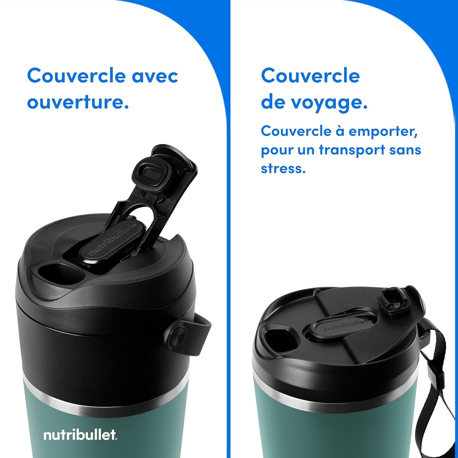 nutribullet Flip NBP016EUC, Blender Portable avec Gobelet Isotherme de 590ml, Conserve le Froid Pendant 24h, Couvercle et Paille Inclus, Chargement USB-C, Acier Inoxydable, Couleur Eucalyptus
