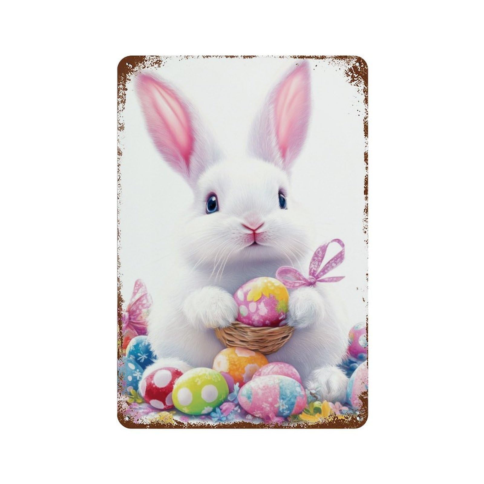 Easter Bunny with Eggs Basket Weathered Tin Sign 11.8"x7.9", Decorative Metal Wall Art for Garage, Bar And Workshop Decor