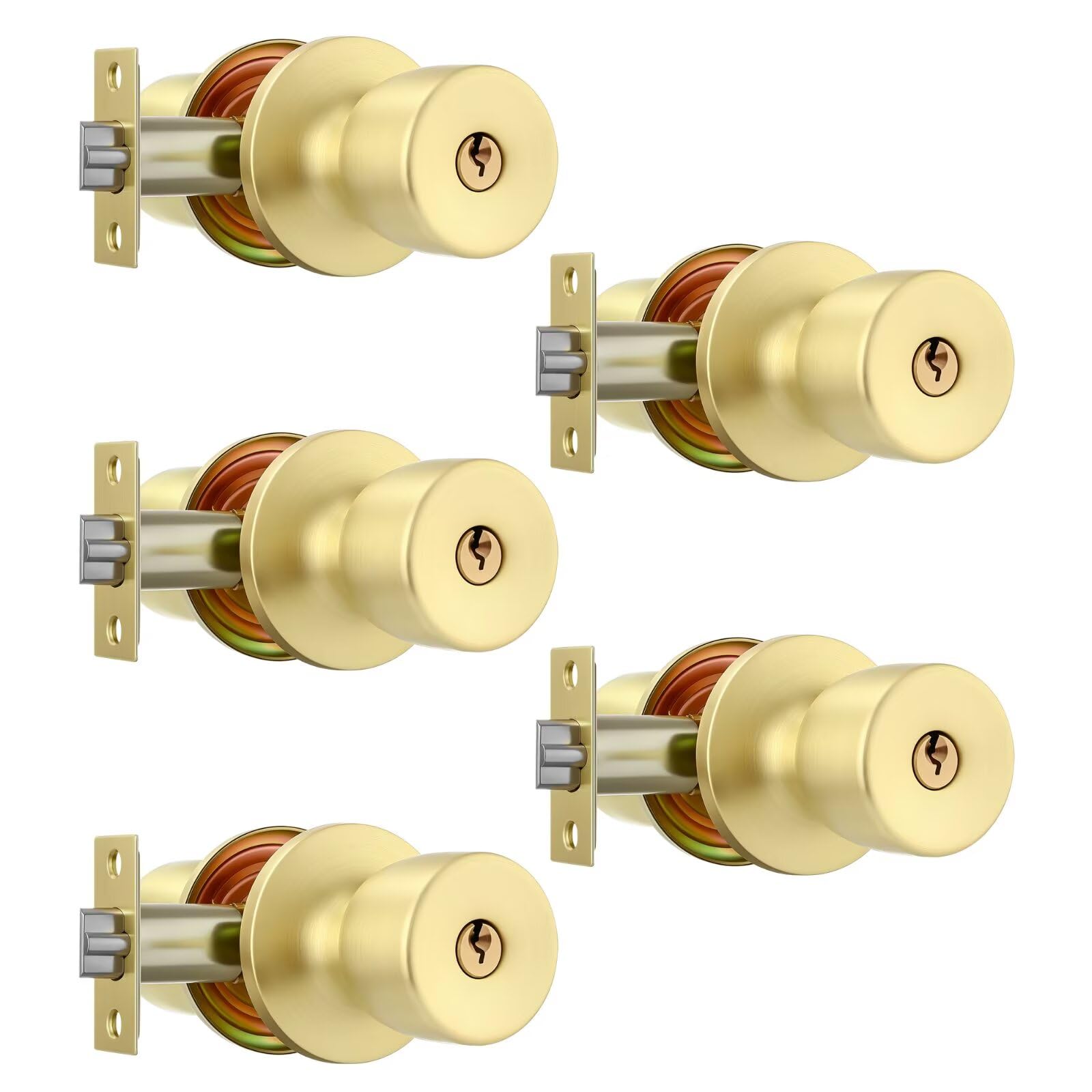 Leydebong Paquete de 5 pomos de puerta de acero inoxidable con cerradura dorada con llaves, respaldo ajustable de 60 a 70 mm para puertas de 35 a 45 mm de grosor, puerta delantera, dormitorio, baño