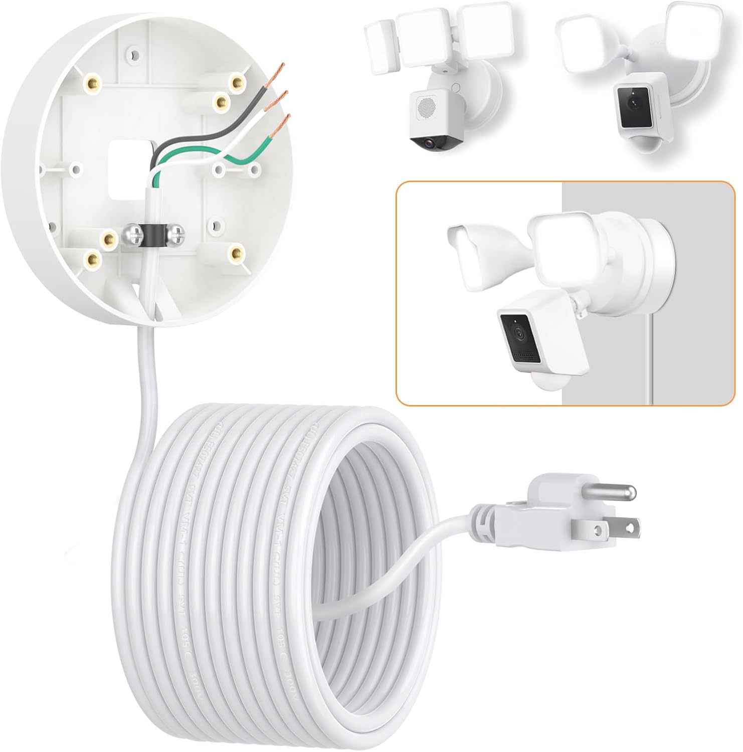 2in1 Power Adapter and Floodlight Cam Plug-in Mount Compatible with Wyze Floodlight Cameras v2/Pro/v1, Electrical Box with 20ft Weather-Resistant Outdoor Charging Cable, No Junction Box Required-White