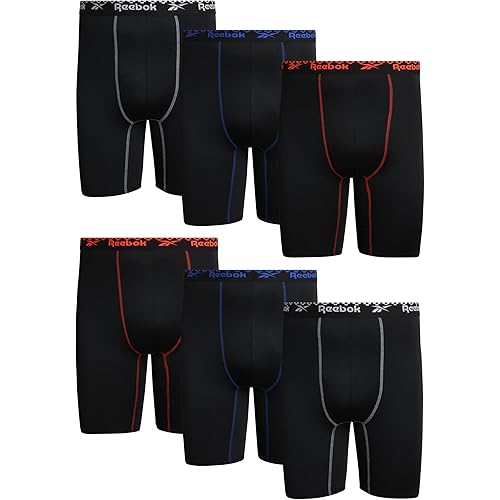 Reebok Mens Boxer Briefs - 6 Pack 9'' Inseam Performance Compression Underwear for Men - Soft Mens Long Leg Boxer Briefs