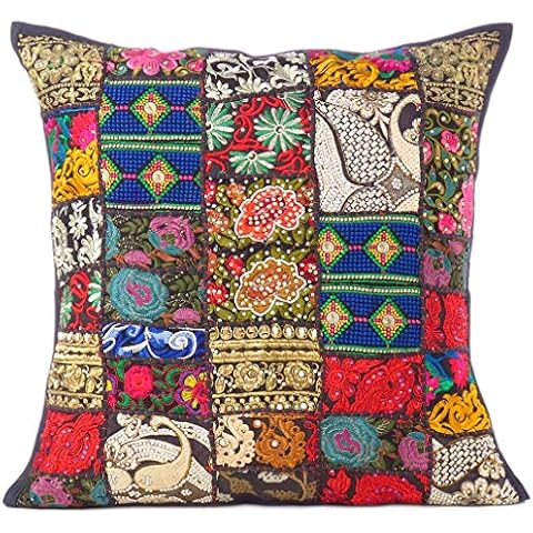 Eyes of India Decorative Patchwork Boho Throw Pillow Cover, Colorful Bohemian Cushion Case for Sofa Couch, Handmade Accent Bedroom Living Room (Black, 16" x 16") Cover