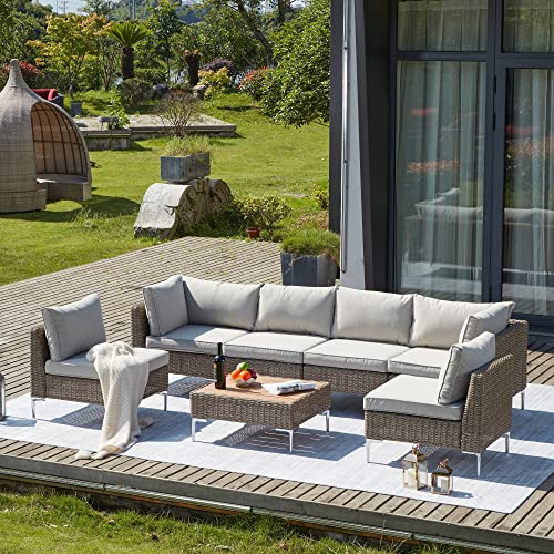 Homrest 7 Pcs Outdoor Sectional Sofa All-Weather Half-Round Rattan Furniture Conversation Set With Cushion & Tea Table For Garden Backyard #TOP4