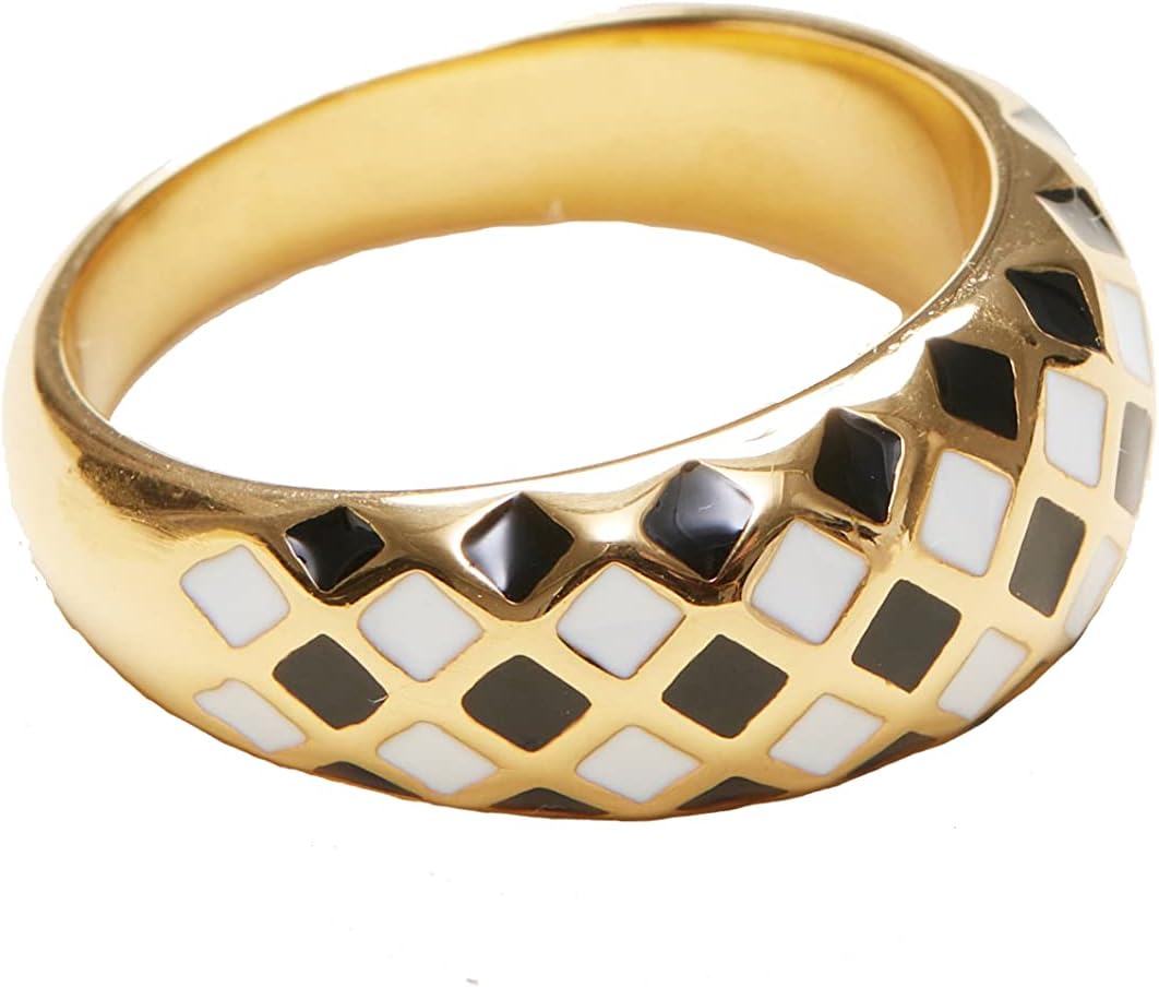 Shapes Studio 18K Gold Plated Titanium Checker Dome Ring. Vintage Styled Women Checkered Ring, Stackable Ring