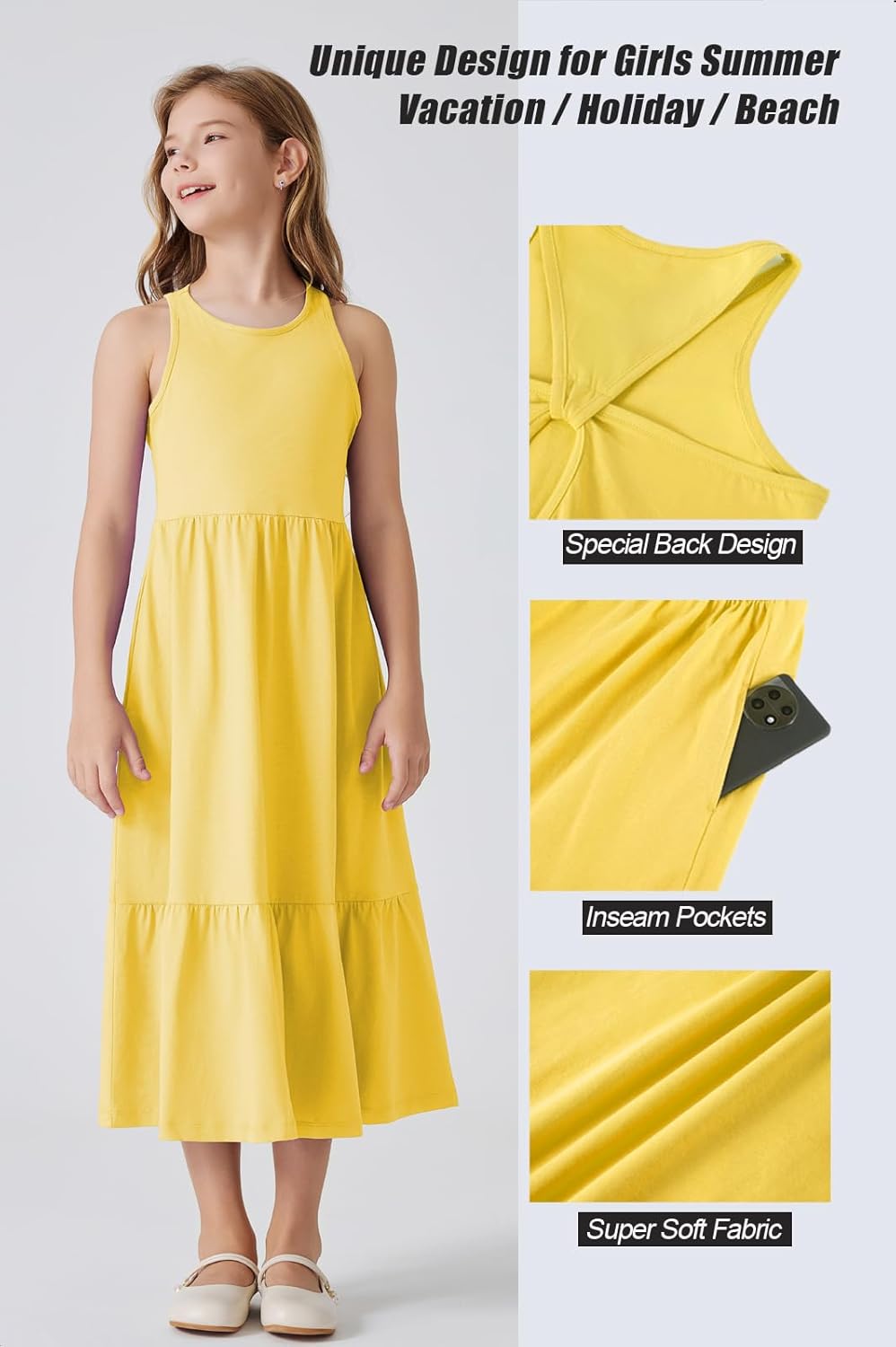 Girls Summer Maxi Dress Sleeveless Back Detailed Tiered Sundress with Pockets 5-12 Years - Image 2
