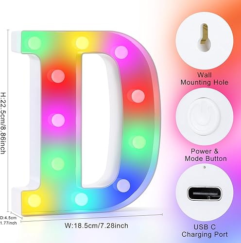 Miniatura 49 de mooncow Letras iluminadas recargables, letras de marquesina duraderas, luz nocturna inicial colorida para niños con control remoto, luces LED
